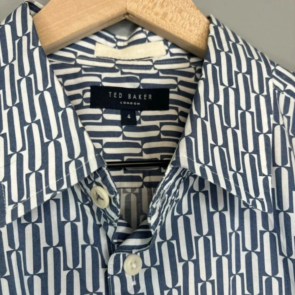 Ted Baker sz 4 (Large) Ruskin Retro Geo Print Cotton Button Down Blue & White - Picture 5 of 6